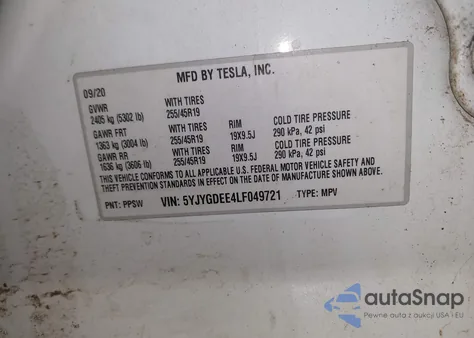 2020 Tesla Model Y Long Range Dual Motor All-Wheel Drive z USA, uszkodzony, nr VIN 5YJYGDEE4LF049721
